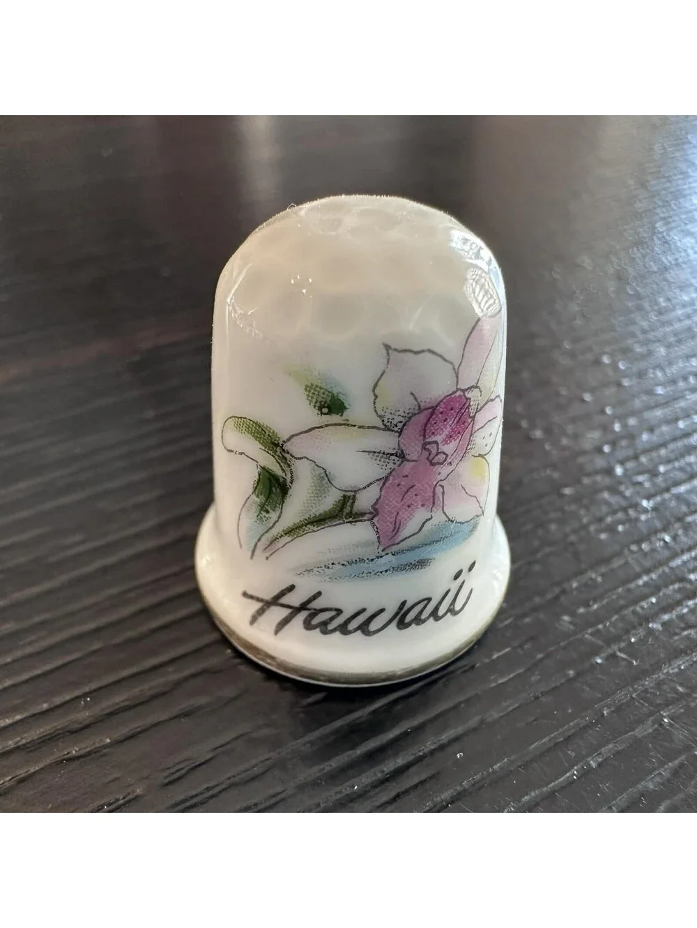 Vintage Hawaii Souvenir Thimble Orchid Tropical Flower Floral Travel Collectible